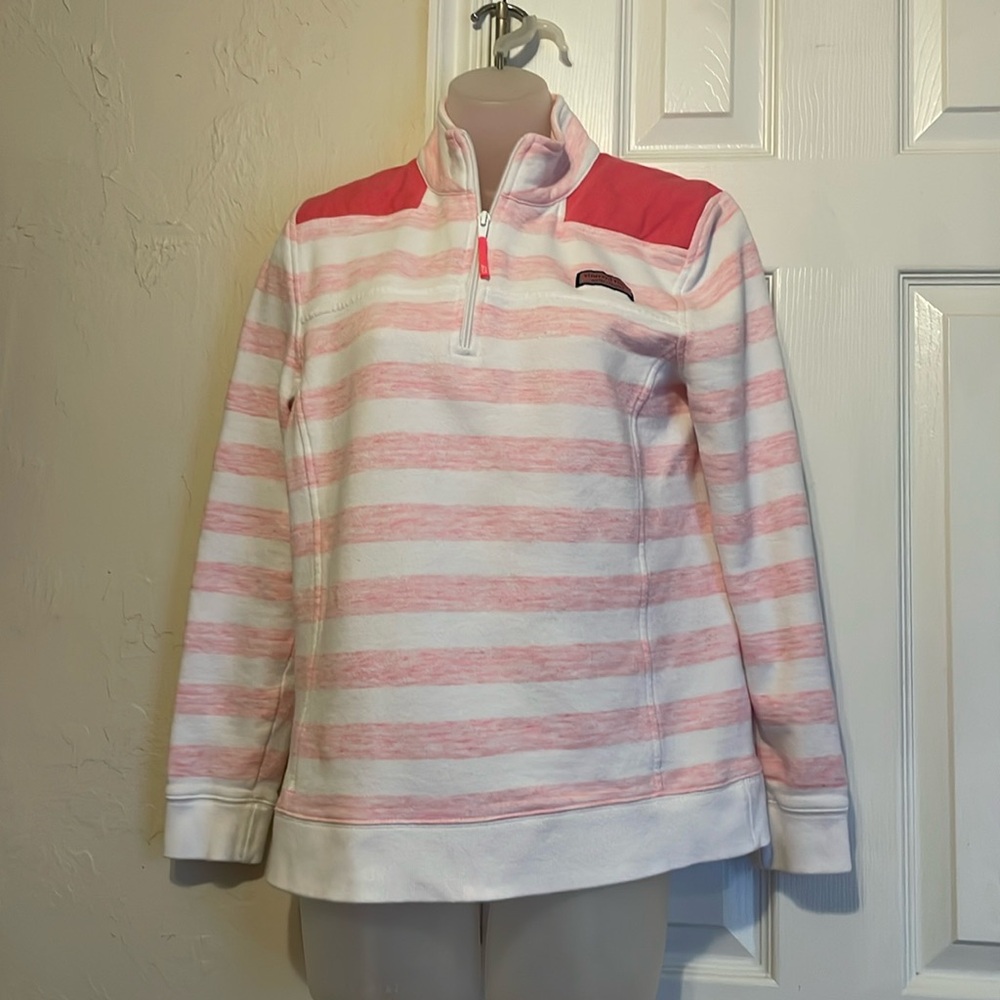 Vineyard Vines Pink and White Striped Quarter-Zip Pullover
